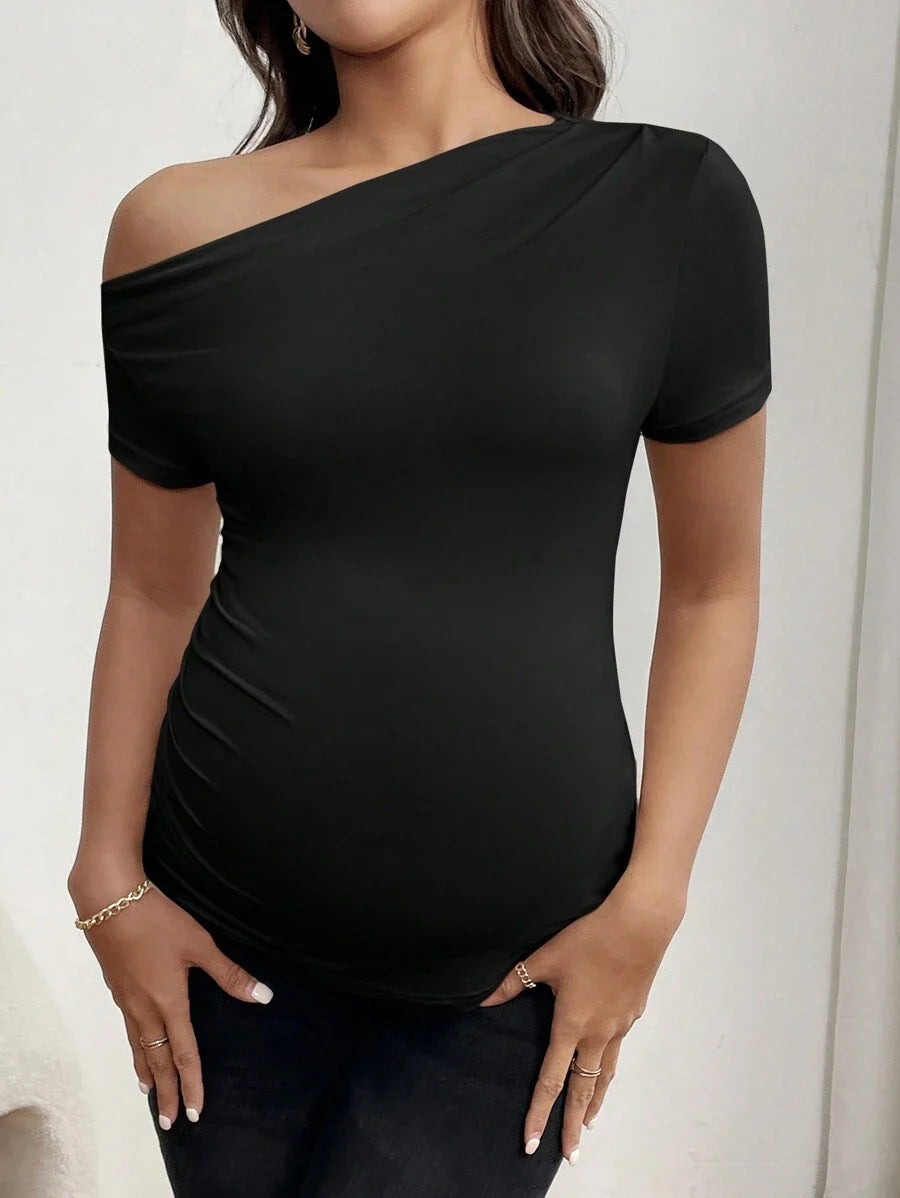 Maternity Asymmetrical Neck Tee - Short Sleeve, Slim Fit, High Stretch, Black