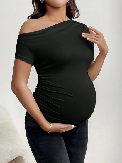 Burgundy Asymmetrical Neck Ruched Maternity T-Shirt - Slim Fit High Stretch Short Sleeve Casual Summer Pregnancy Top