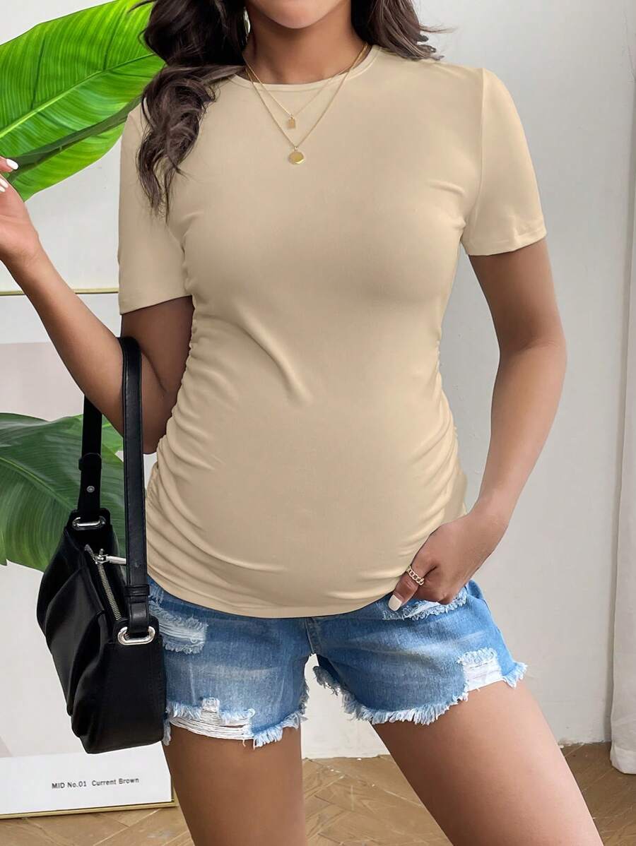Maternity Short Sleeve Ruched Fitted T-Shirt in Mint Green, High Stretch Slim Fit Summer Pregnancy Top for Daily Wear