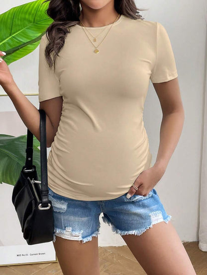 Maternity Side Ruched Slim Fit T-Shirt - Short Sleeve Round Neck Pregnancy Top in High Stretch Black Knitted Fabric