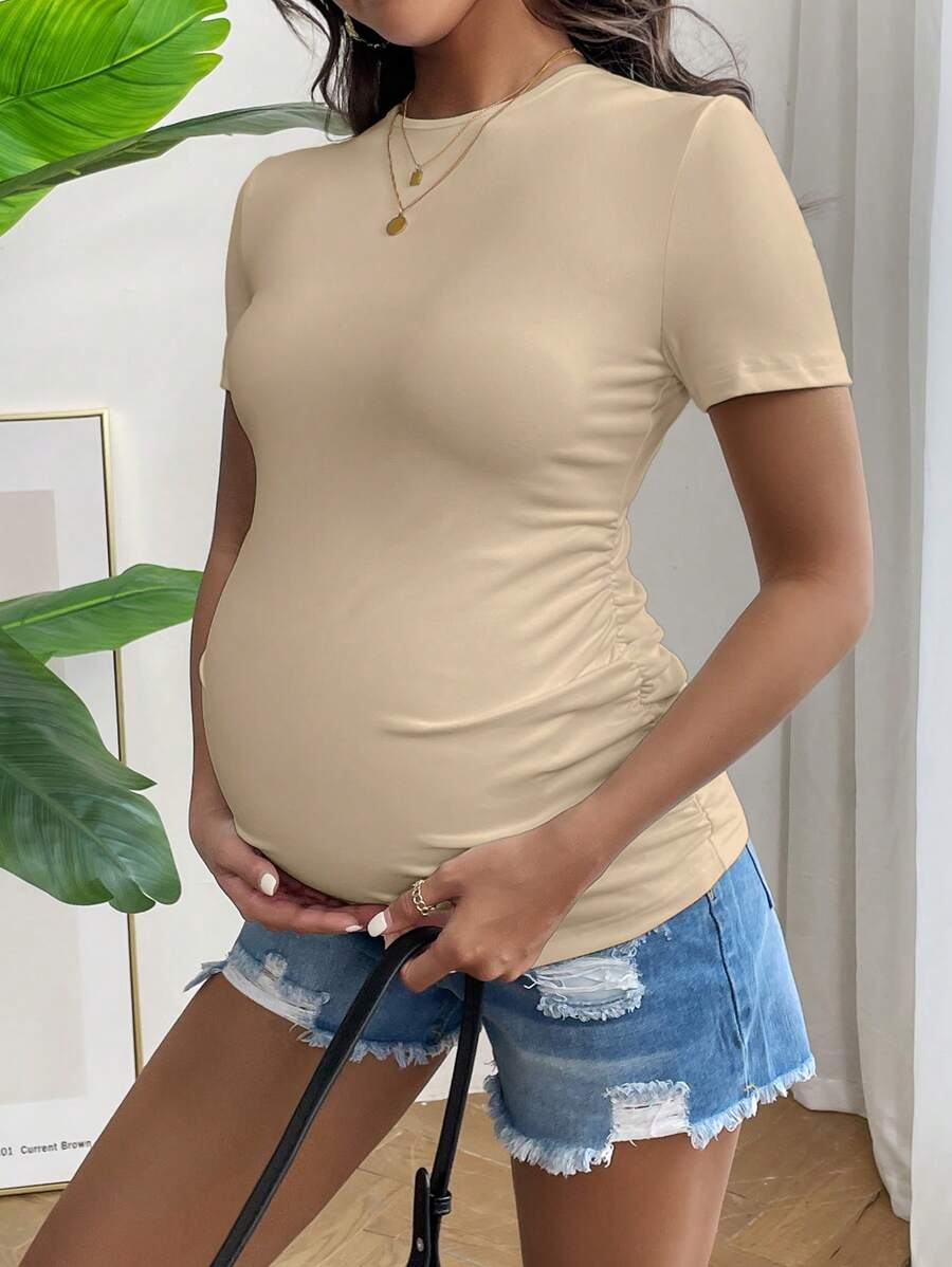 Maternity Side Ruched Slim Fit T-Shirt - Short Sleeve Round Neck Pregnancy Top in High Stretch Black Knitted Fabric