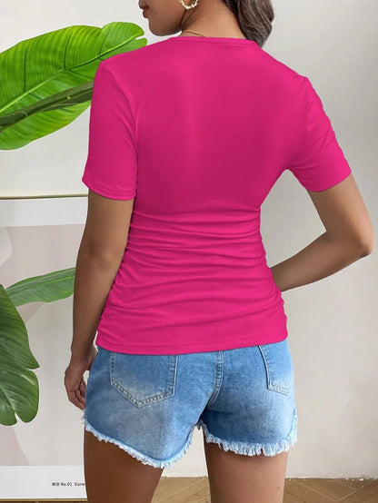 Maternity T-Shirt - Solid Color Ruched Round Neck Short Sleeve Casual Summer, Pregnancy Stretch