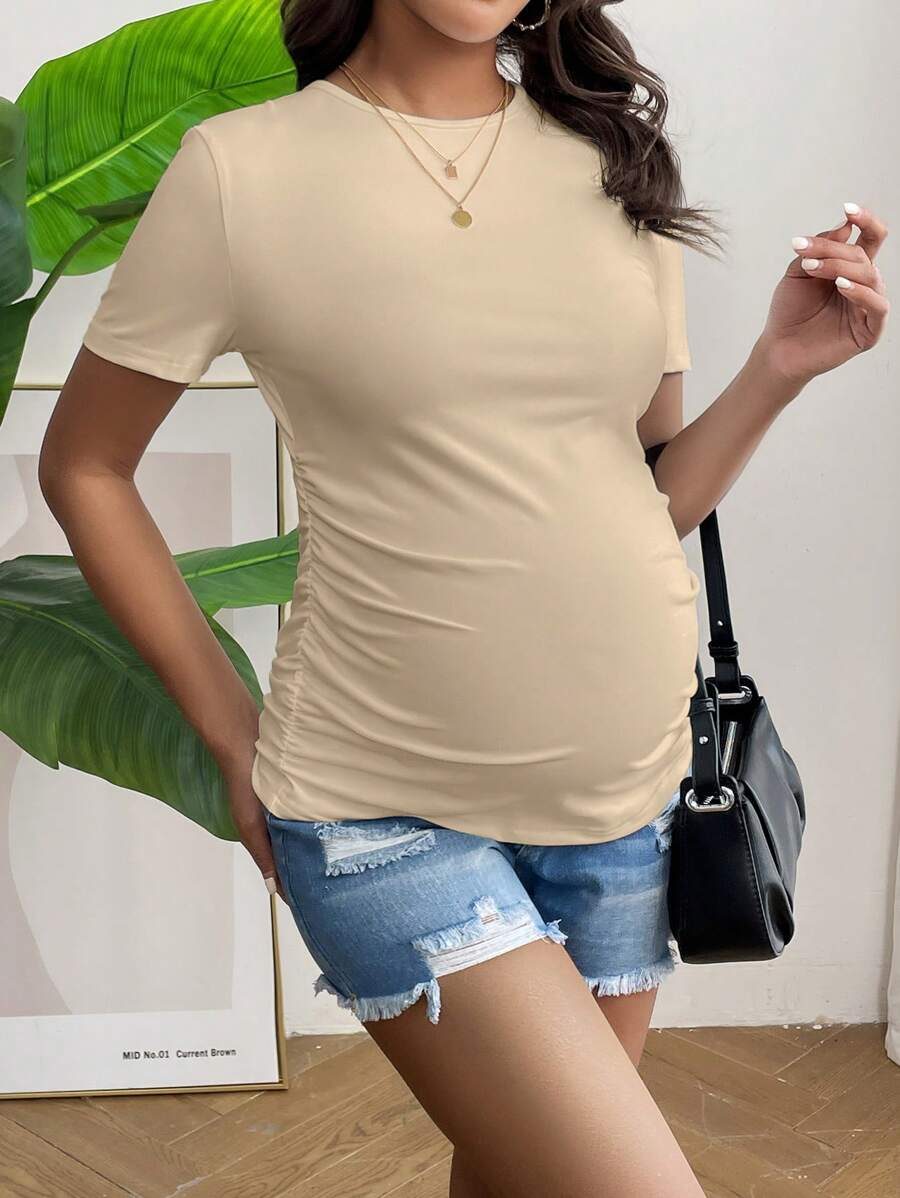 Maternity Side Ruched Slim Fit T-Shirt - Short Sleeve Round Neck Pregnancy Top in High Stretch Black Knitted Fabric