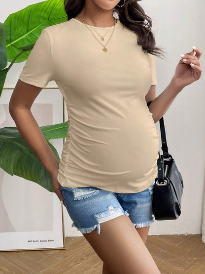 Maternity Short Sleeve Ruched Fitted T-Shirt in Mint Green, High Stretch Slim Fit Summer Pregnancy Top for Daily Wear