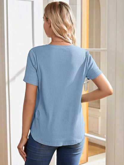 Maternity Nursing Ribbed Short Sleeve T-Shirt - Pink Round Neck Asymmetrical Hem Loose Fit Cotton Knit Maternity Top