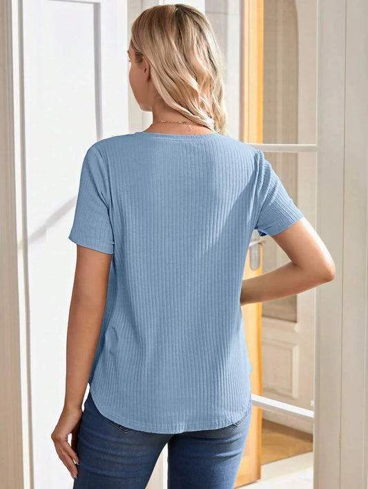 Maternity and Nursing Solid Blue Short Sleeve Top Loose Fit Rib-Knit High Stretch Round Neck Cotton Pregnancy Shirt