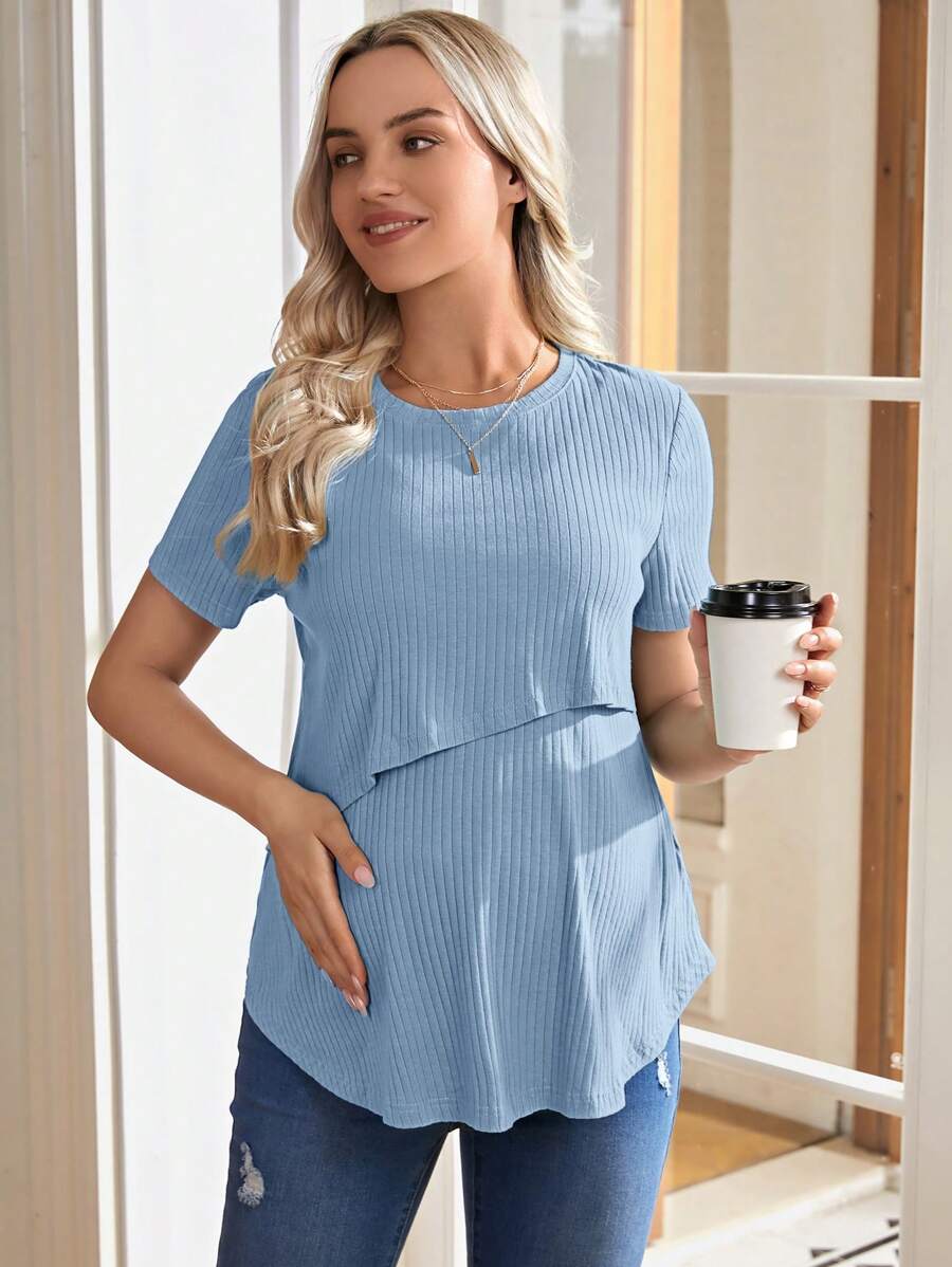 Maternity Nursing T-Shirt - Khaki Short Sleeve Round Neck Loose Fit Cotton Knitted Asymmetrical Long Casual Summer Top
