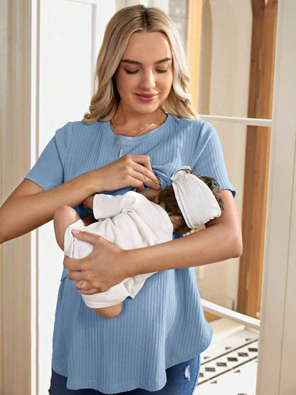 Maternity Nursing Ribbed Short Sleeve T-Shirt - Pink Round Neck Asymmetrical Hem Loose Fit Cotton Knit Maternity Top