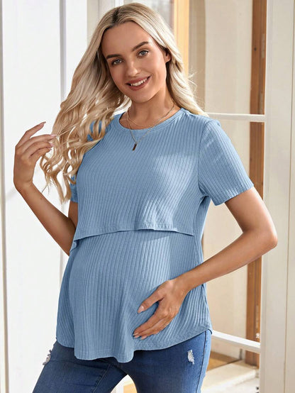 Maternity Nursing Ribbed Short Sleeve T-Shirt - Pink Round Neck Asymmetrical Hem Loose Fit Cotton Knit Maternity Top