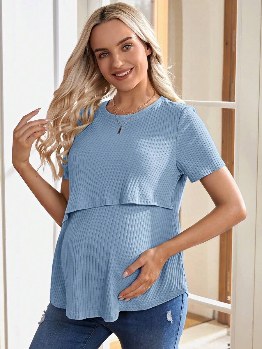 Maternity and Nursing Solid Blue Short Sleeve Top Loose Fit Rib-Knit High Stretch Round Neck Cotton Pregnancy Shirt