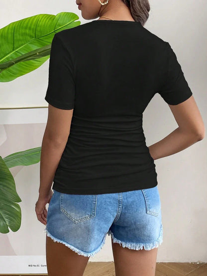 Maternity Round Neck Short Sleeve T-Shirt - Ruched, Slim Fit, White