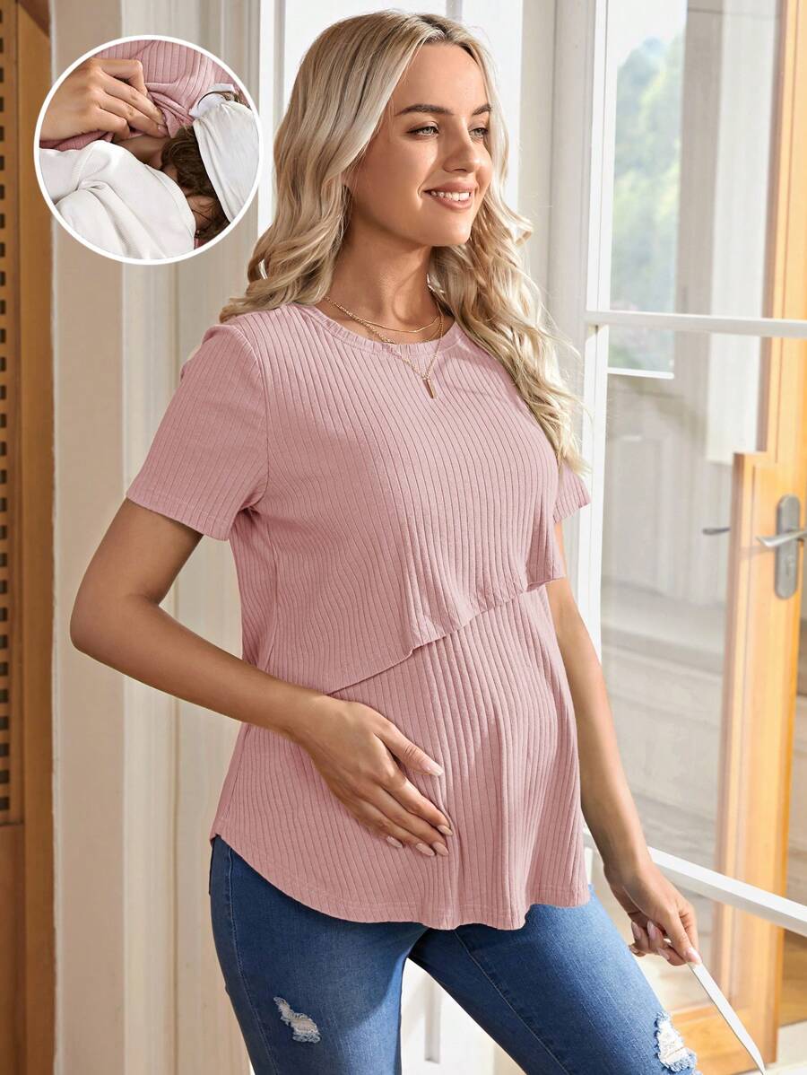 Maternity Nursing T-Shirt - Khaki Short Sleeve Round Neck Loose Fit Cotton Knitted Asymmetrical Long Casual Summer Top