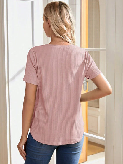 Maternity and Nursing Solid Blue Short Sleeve Top Loose Fit Rib-Knit High Stretch Round Neck Cotton Pregnancy Shirt