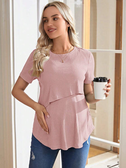 Maternity Nursing T-Shirt - Khaki Short Sleeve Round Neck Loose Fit Cotton Knitted Asymmetrical Long Casual Summer Top