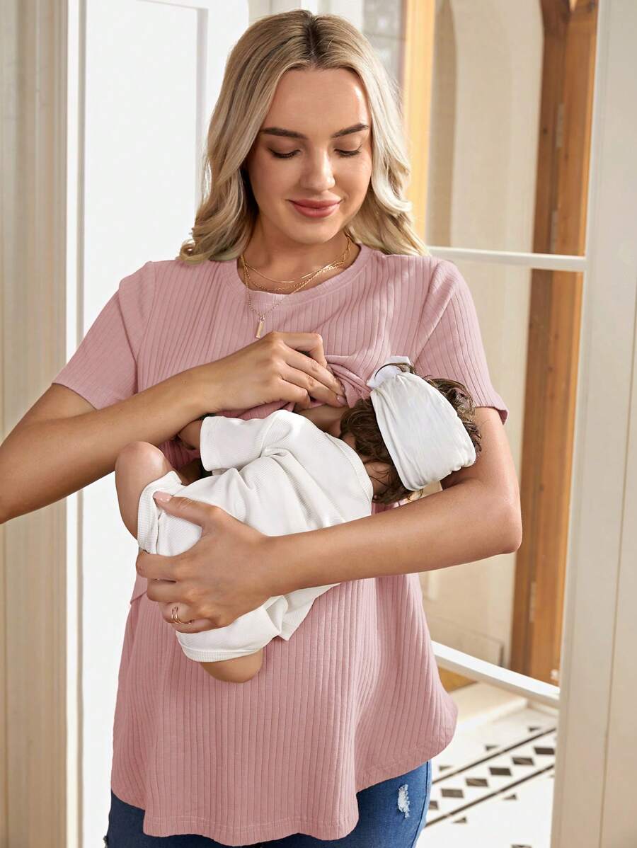 Maternity Nursing Ribbed Short Sleeve T-Shirt - Pink Round Neck Asymmetrical Hem Loose Fit Cotton Knit Maternity Top