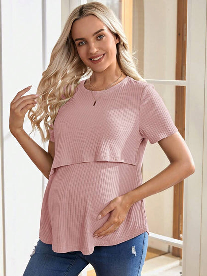 Maternity Nursing Top - Solid Color Round Neck Casual Short Sleeve Soft, Summer Breastfeeding