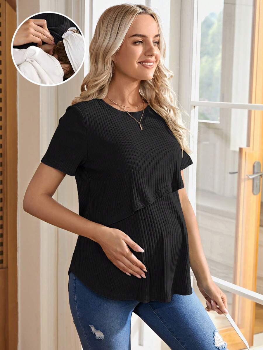 Maternity and Nursing Solid Blue Short Sleeve Top Loose Fit Rib-Knit High Stretch Round Neck Cotton Pregnancy Shirt