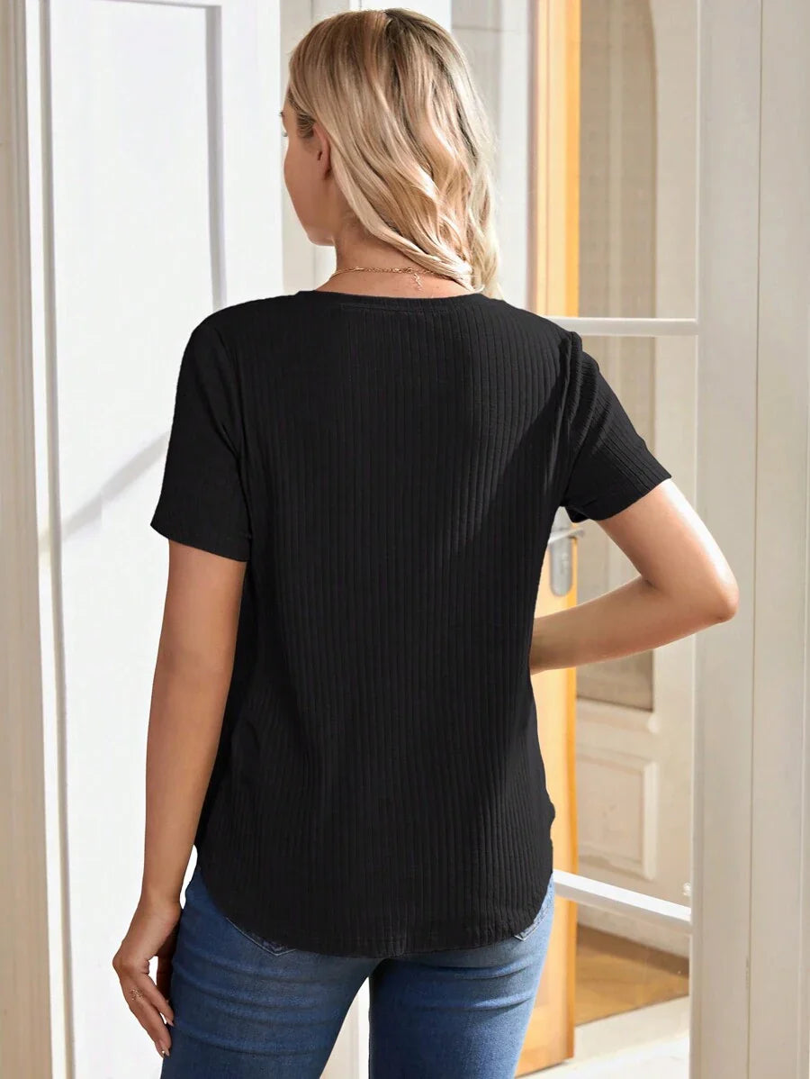 Maternity Nursing T-Shirt - Khaki Short Sleeve Round Neck Loose Fit Cotton Knitted Asymmetrical Long Casual Summer Top