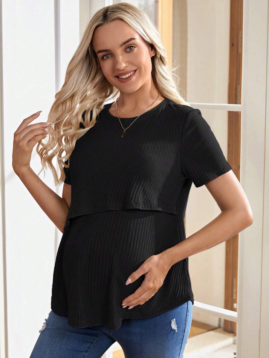Army Green Nursing Top - Asymmetrical Loose Fit Cotton Short Sleeve Maternity T-Shirt with High Stretch
