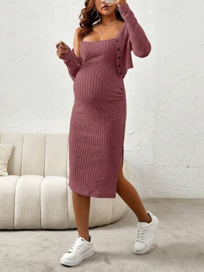 Maternity Pink Ribbed Knit 2-Piece Set with V-Neck Bodycon Knee Length Skirt and Button Front Long Sleeve Crop Cardigan