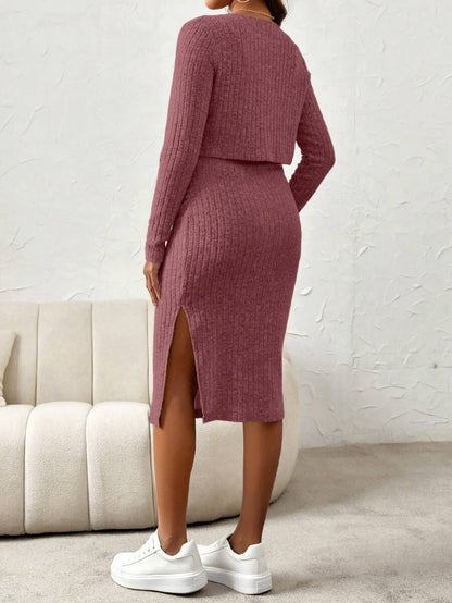 Maternity Pink Ribbed Knit 2-Piece Set with V-Neck Bodycon Knee Length Skirt and Button Front Long Sleeve Crop Cardigan