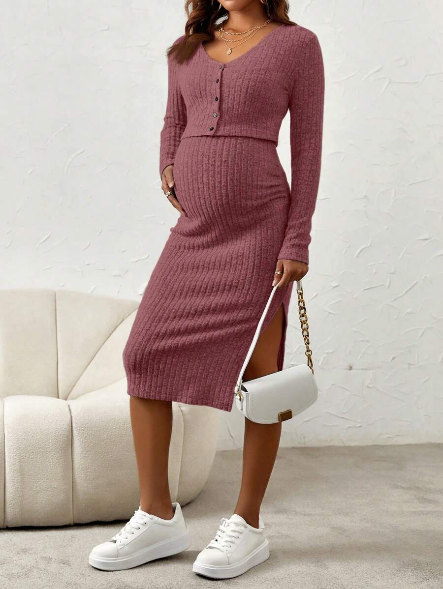 Maternity Pink Ribbed Knit 2-Piece Set with V-Neck Bodycon Knee Length Skirt and Button Front Long Sleeve Crop Cardigan