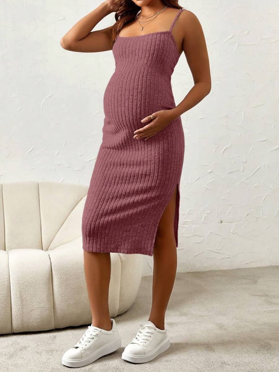 Maternity Pink Ribbed Knit 2-Piece Set with V-Neck Bodycon Knee Length Skirt and Button Front Long Sleeve Crop Cardigan