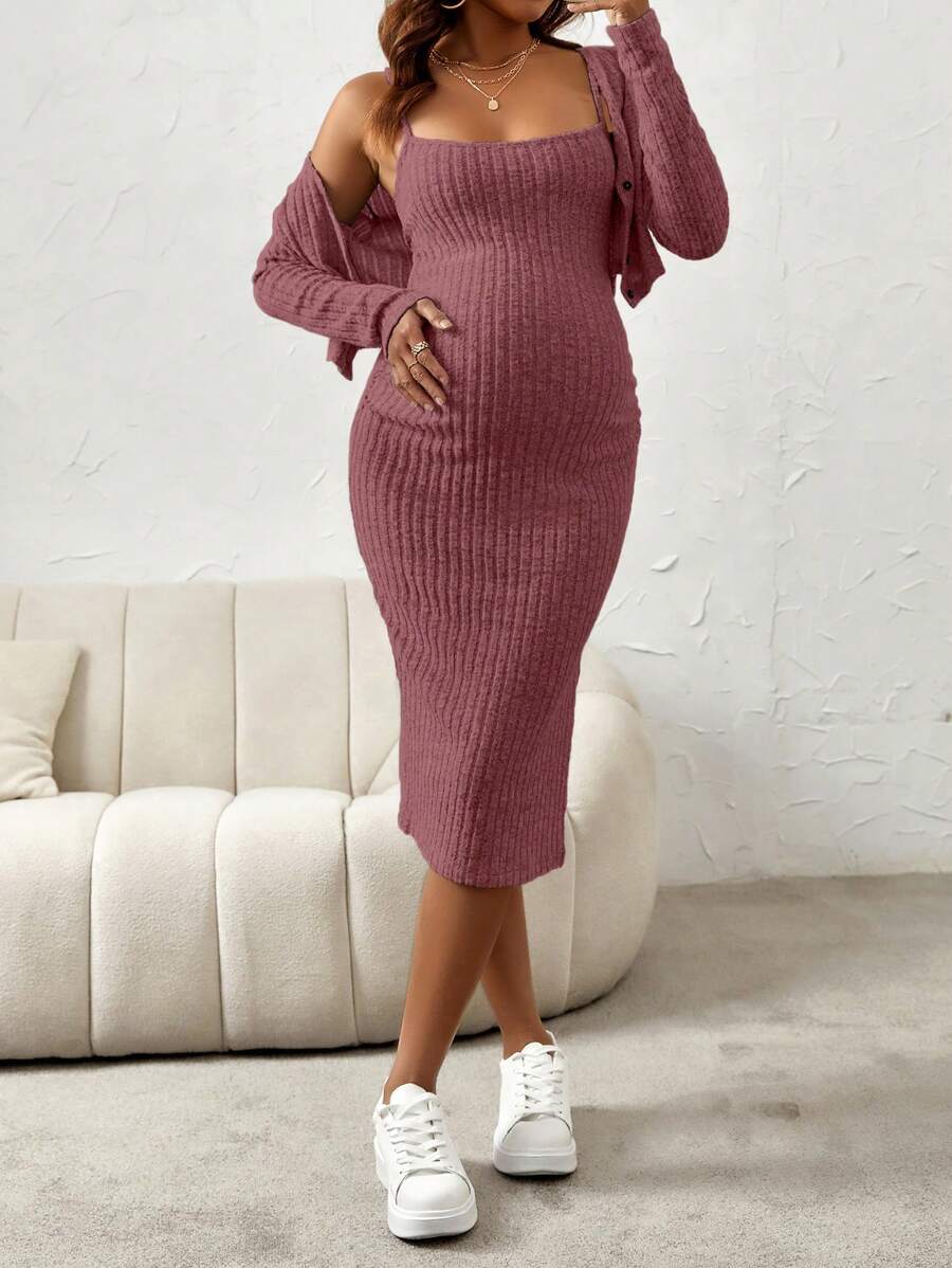 Maternity Pink Ribbed Knit 2-Piece Set with V-Neck Bodycon Knee Length Skirt and Button Front Long Sleeve Crop Cardigan