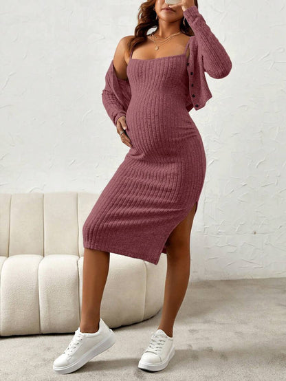 Maternity Pink Ribbed Knit 2-Piece Set with V-Neck Bodycon Knee Length Skirt and Button Front Long Sleeve Crop Cardigan