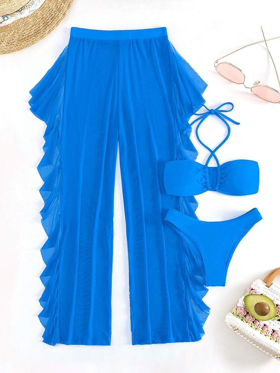 Swim Vcay 3pcs Set New Navy Blue Spring/Summer Halter Backless Crop Top, Trousers And Ruffle Hem Mesh Beach Pants Casual Vacation Bikini Swimwear For Women