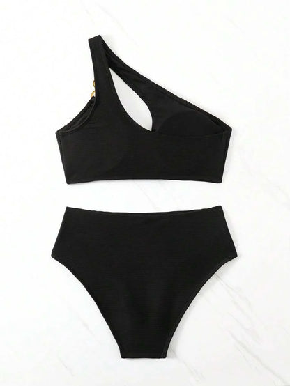 Women's Hollow-Out Monokini Bikini Set - One Shoulder, Chain Link, Asymmetrical Neck, Black