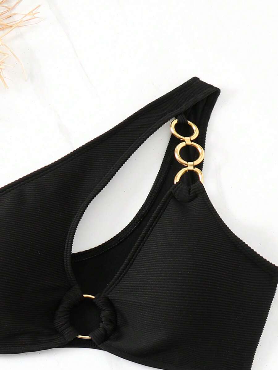 Women's Hollow-Out Monokini Bikini Set - One Shoulder, Chain Link, Asymmetrical Neck, Black