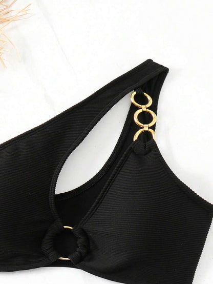 Women's Hollow-Out Monokini Bikini Set - One Shoulder, Chain Link, Asymmetrical Neck, Black