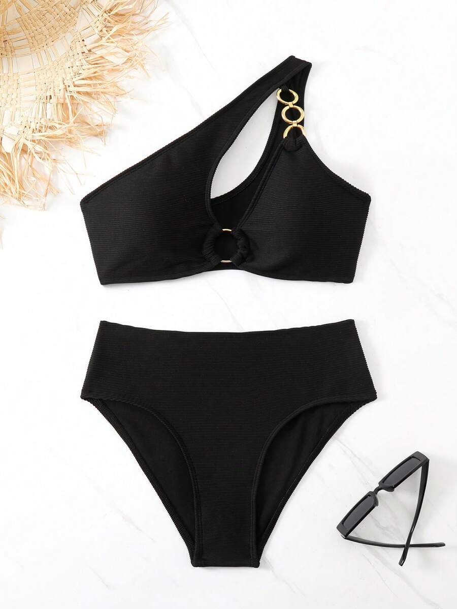 Women's Hollow-Out Monokini Bikini Set - One Shoulder, Chain Link, Asymmetrical Neck, Black