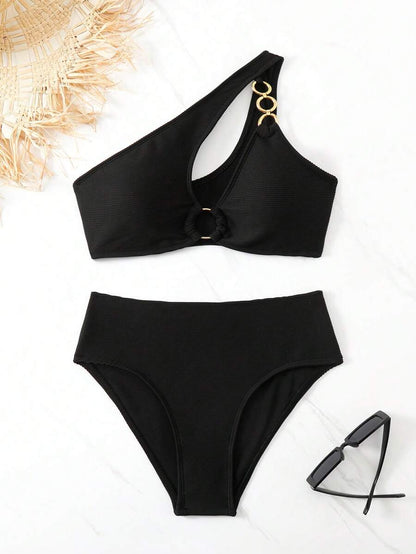 Women's Hollow-Out Monokini Bikini Set - One Shoulder, Chain Link, Asymmetrical Neck, Black