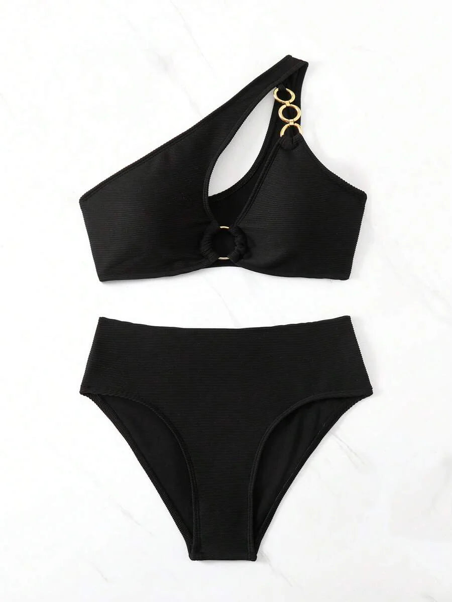 Women's Hollow-Out Monokini Bikini Set - One Shoulder, Chain Link, Asymmetrical Neck, Black