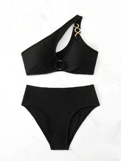 Women's Hollow-Out Monokini Bikini Set - One Shoulder, Chain Link, Asymmetrical Neck, Black