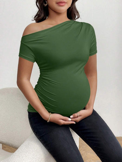 Maternity Asymmetrical Neckline Ruched T-Shirt - Short Sleeve Slim Fit Pleated Knit Top for Casual Daily Wear