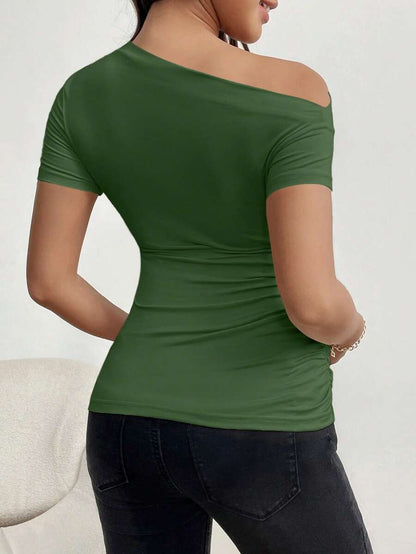 Maternity Asymmetrical Neck Tee - Short Sleeve, Slim Fit, High Stretch, Black