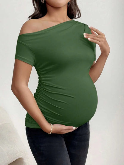 Maternity Asymmetrical Neck Tee - Short Sleeve, Slim Fit, High Stretch, Black