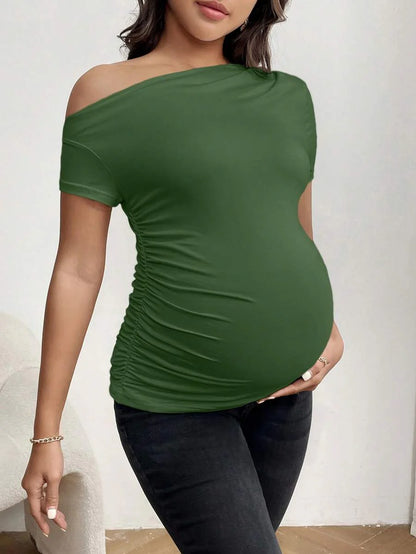 Burgundy Asymmetrical Neck Ruched Maternity T-Shirt - Slim Fit High Stretch Short Sleeve Casual Summer Pregnancy Top