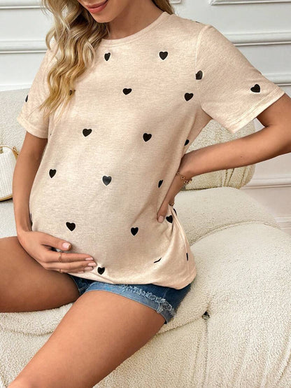 Maternity Heart Print Short Sleeve Round Neck T-Shirt White Knit Casual Summer Top for Valentine's Day and Daily Wear
