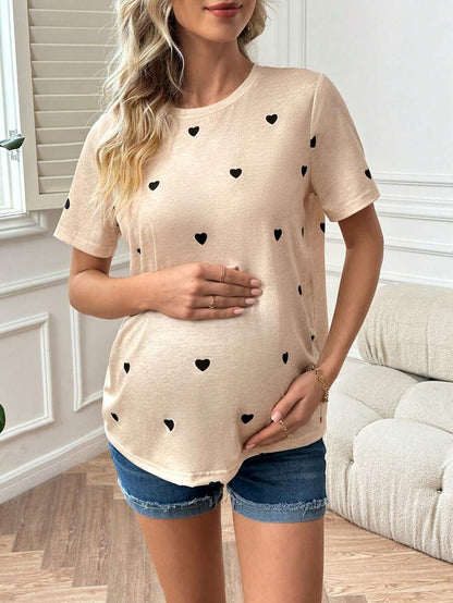 Maternity Heart Print Short Sleeve Round Neck T-Shirt in Mauve Purple, Casual Asymmetrical Hem Pregnancy Top for Valentine's Day