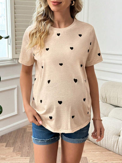 Apricot Heart Print Short Sleeve Maternity T-Shirt - Casual Round Neck Knitted Summer Top for Daily Wear and Valentine's Day