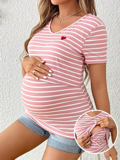 Pink Maternity and Nursing T-Shirt with Contrast Stripe Heart Embroidery V Neck Short Sleeve Regular Fit Top with Pockets