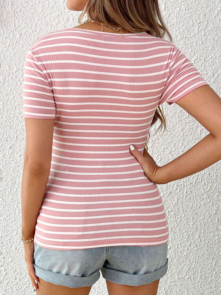 Pink Maternity and Nursing T-Shirt with Contrast Stripe Heart Embroidery V Neck Short Sleeve Regular Fit Top with Pockets