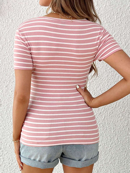 Pink Maternity and Nursing T-Shirt with Contrast Stripe Heart Embroidery V Neck Short Sleeve Regular Fit Top with Pockets