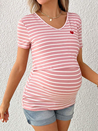 Pink Maternity and Nursing T-Shirt with Contrast Stripe Heart Embroidery V Neck Short Sleeve Regular Fit Top with Pockets
