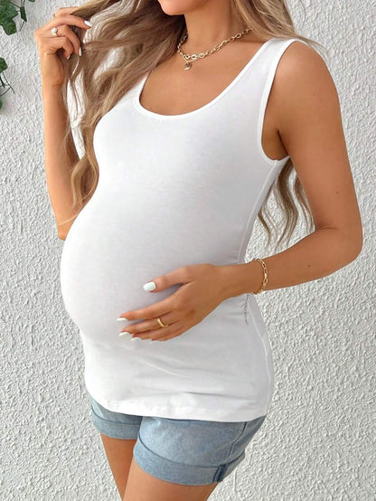 Maternity Sleeveless Tank Top with Scoop Neck and Pleated Ruched Detail Skin-Friendly Cotton Knitted Maternity Shirt in Black