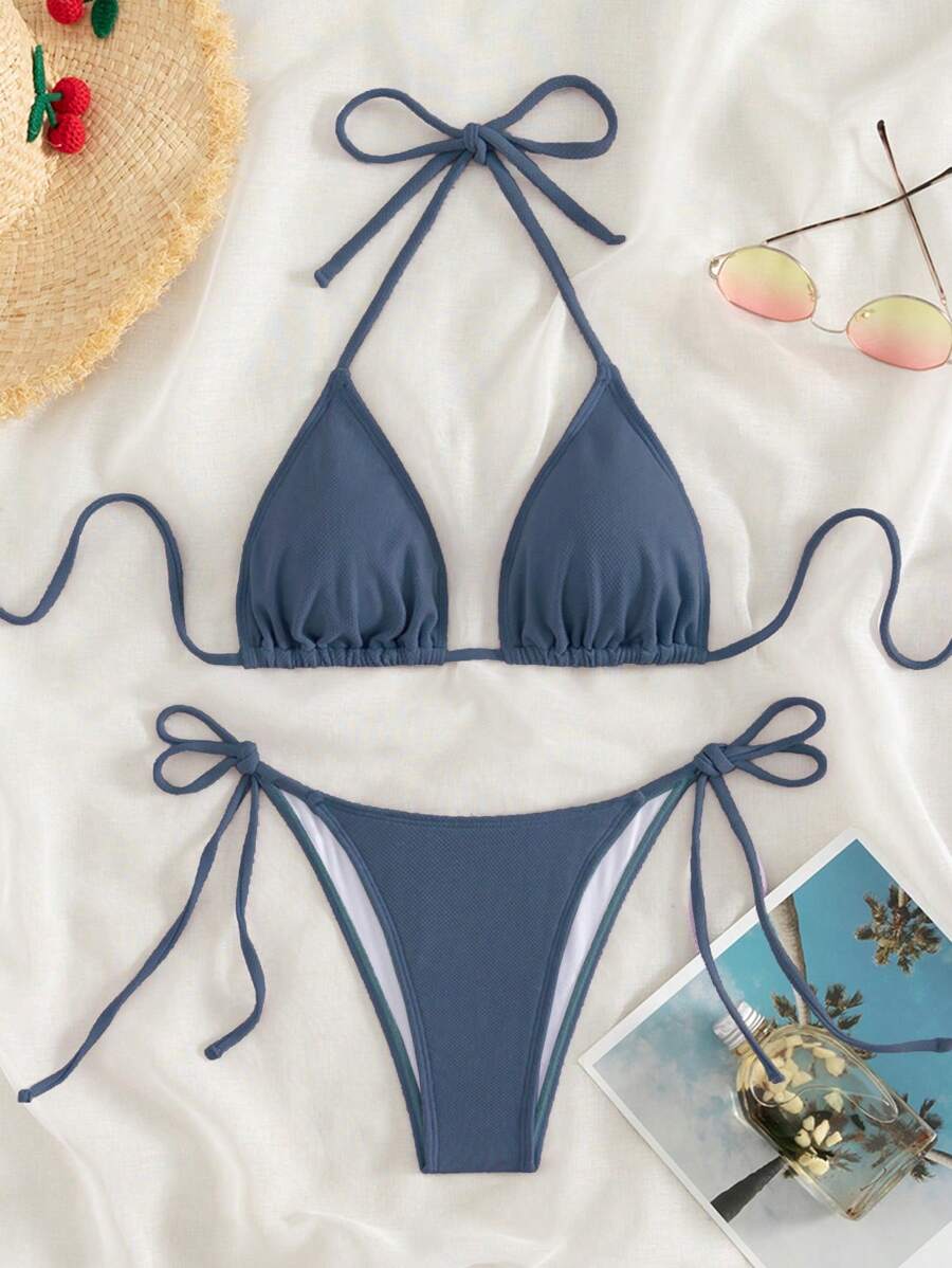 Swim Vcay 2026 Spring/Summer Green Special Fabric Women's Swimwear, Spaghetti Strap Halter Solid Color Sexy Side Tie Thong Bikini Two-Piece Swimwear Teal Bikini Tie Bikini Set Textured Bikini Triangle Bikini Triangle Bikini Set
